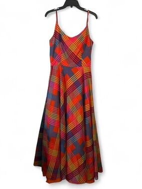 Coco California 70’s Bohemian Vibrant Plaid Strappy Maxi Silhouette Dress